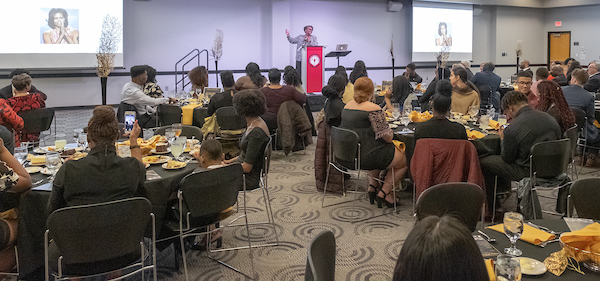 (Anita Thomas keynote). Second annual Legacy of Excellence dinner in UIndy Hall on Thursday, February 28, 2019. The program was sponsored by the Black Student Association and Campus Program Board. (Photo: D. Todd Moore, University of Indianapolis)